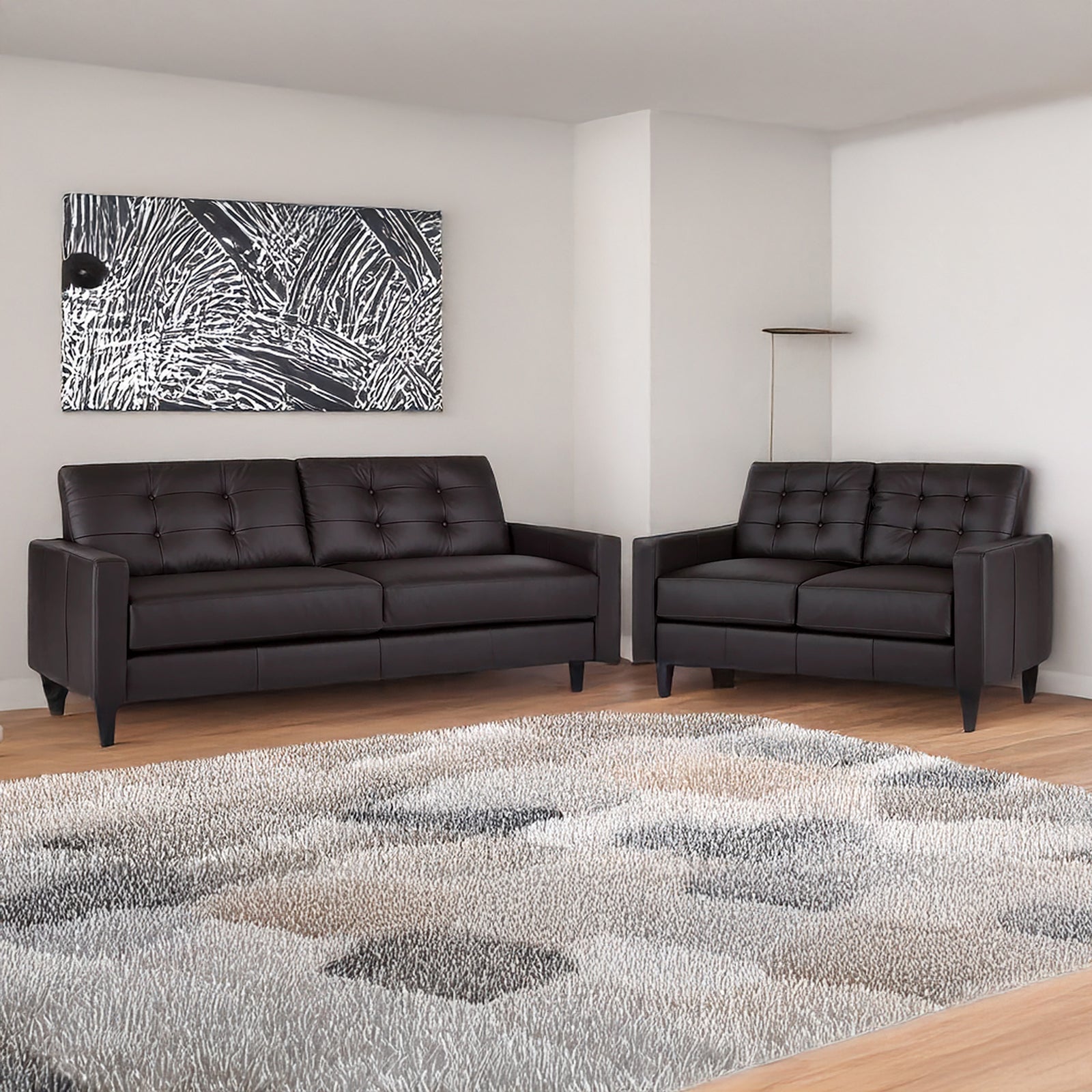 Macon Contemporary Track Arm Leather Sofa and Loveseat Set, Dark Brown - Coja