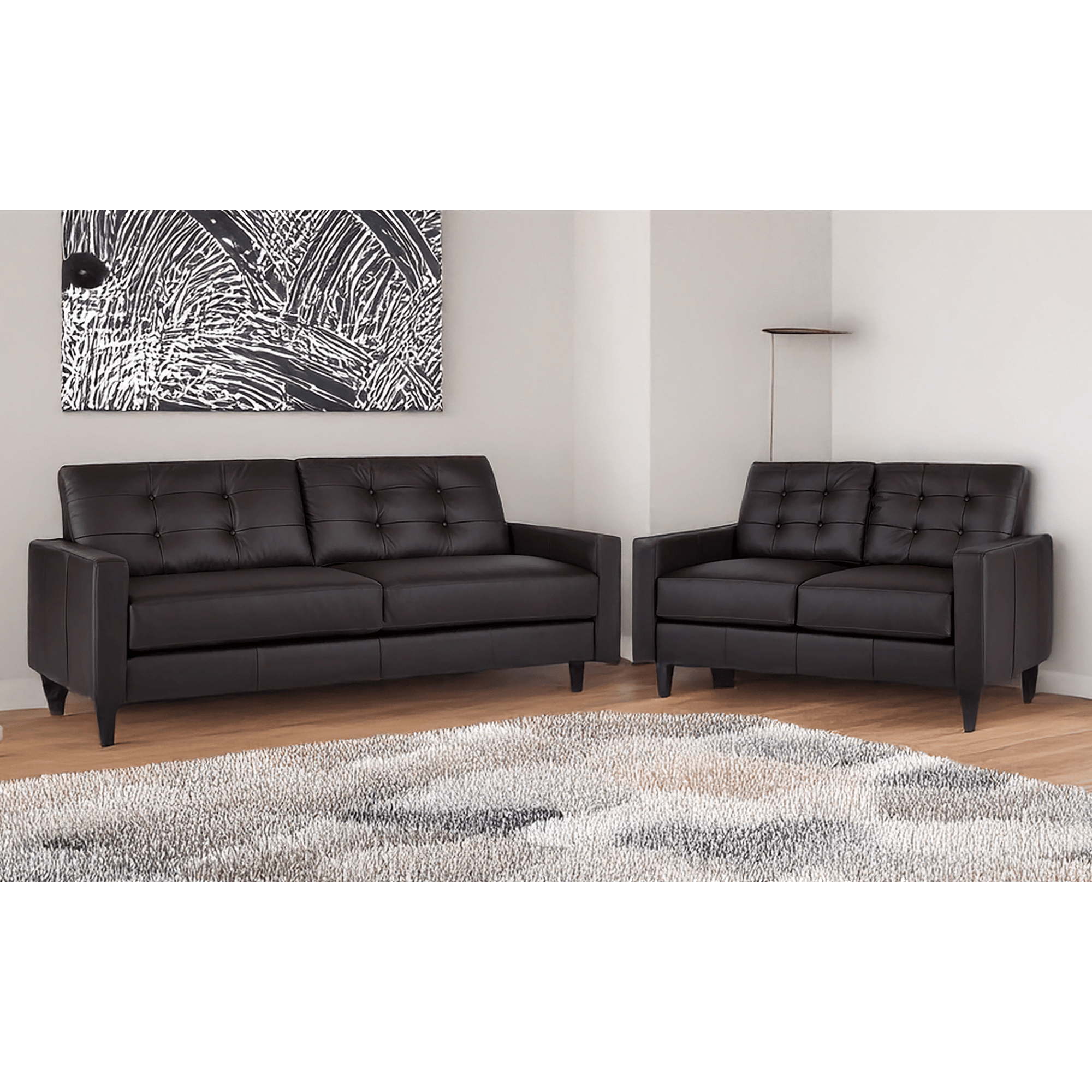 Macon Contemporary Track Arm Leather Sofa and Loveseat Set, Dark Brown - Coja