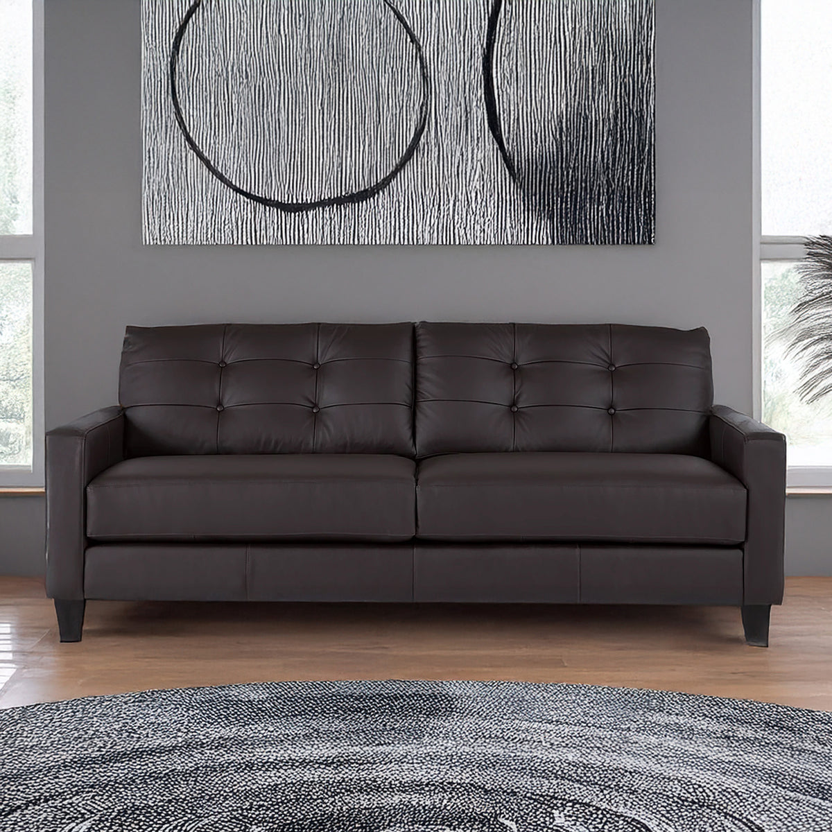 Macon Contemporary Track Arm Leather Sofa, Dark Brown - Coja