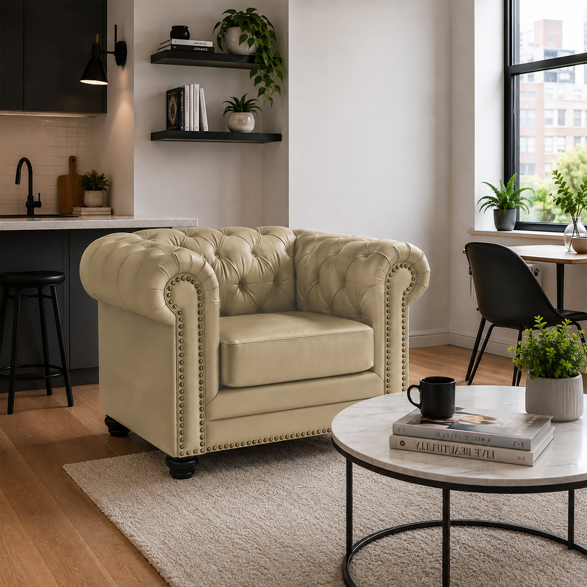 Maryport Leather Arm Chair with Tufting and Nailhead Trim - Coja