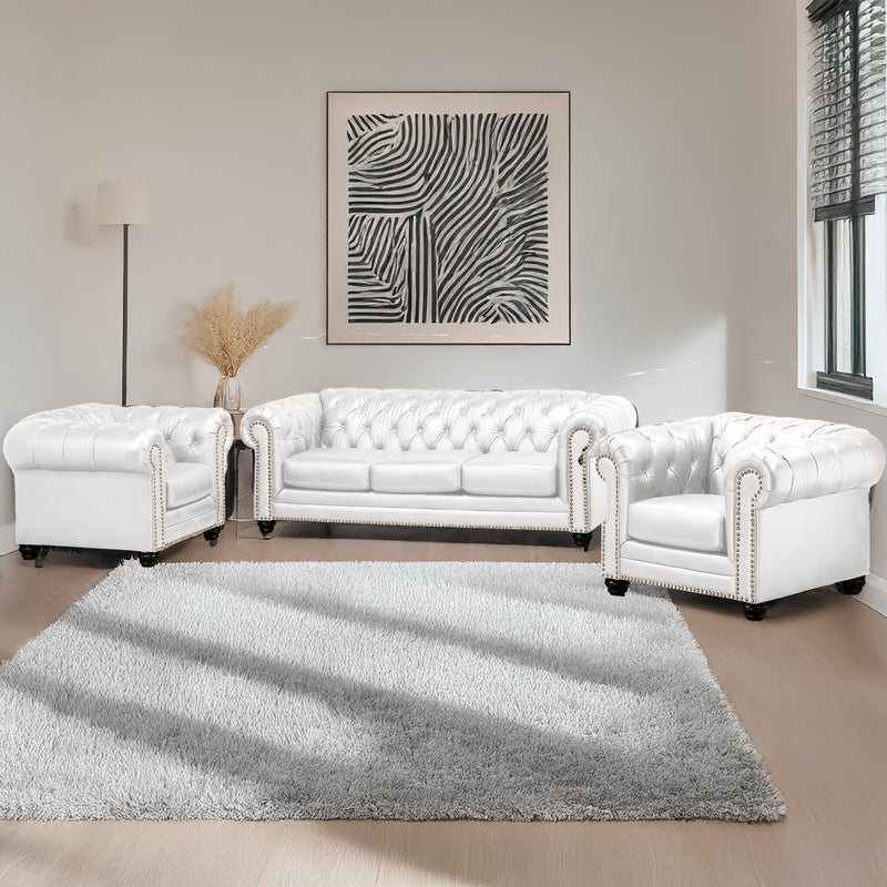 Maryport Leather Sofa & Two Armchair Set with Tufting and Nailhead Trim