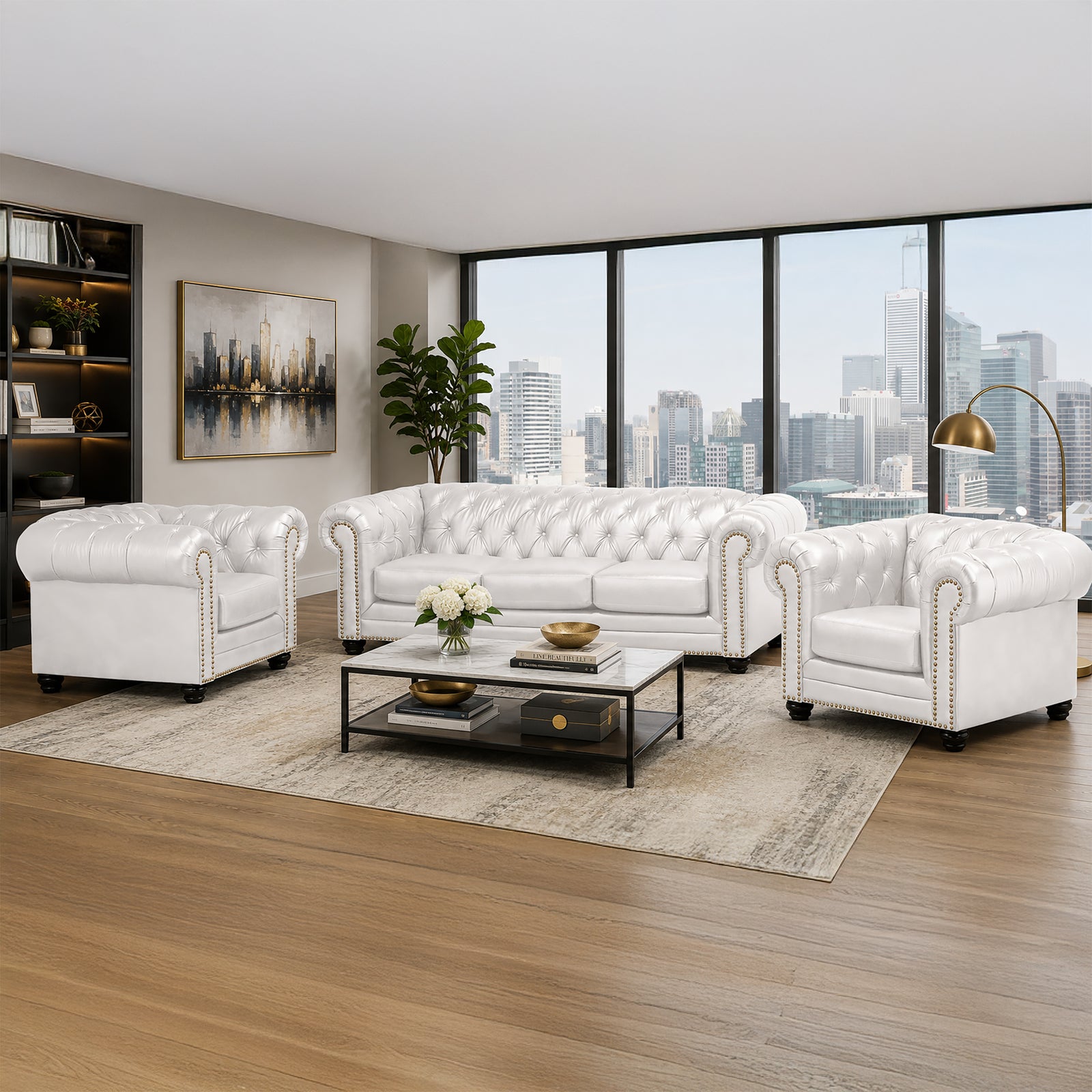 Maryport Leather Sofa & Two Armchair Set with Tufting and Nailhead Trim