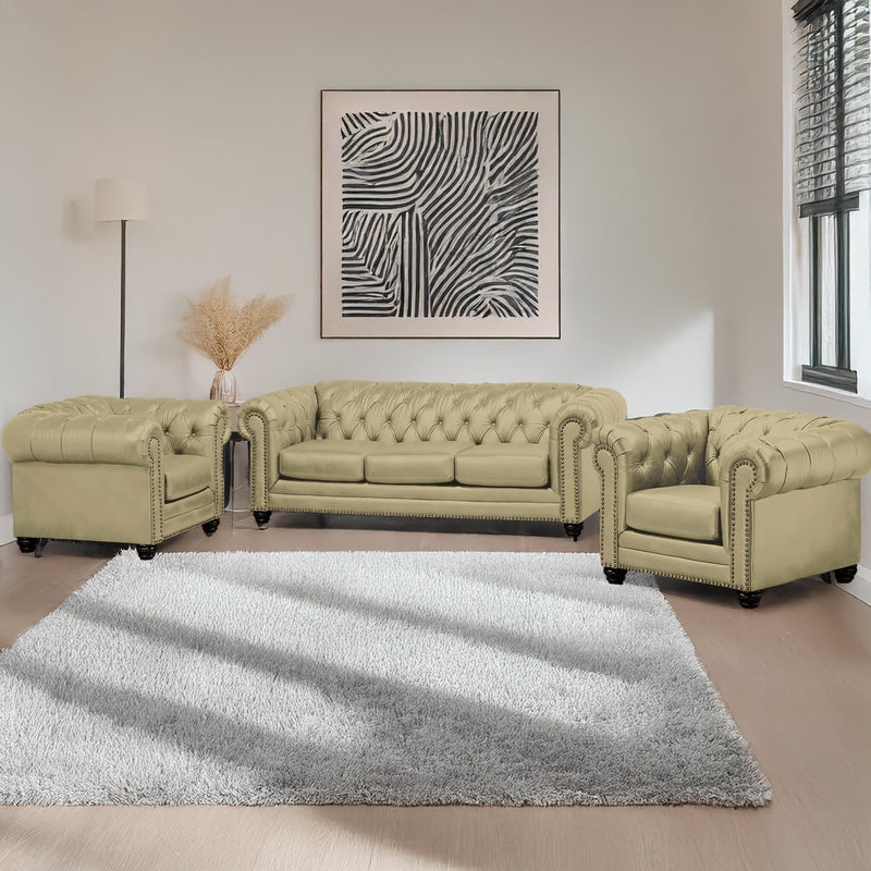 Maryport Leather Sofa & Two Armchair Set with Tufting and Nailhead Trim