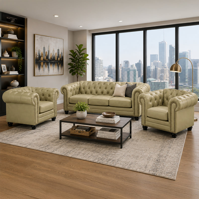 Maryport Leather Sofa & Two Armchair Set with Tufting and Nailhead Trim - Coja