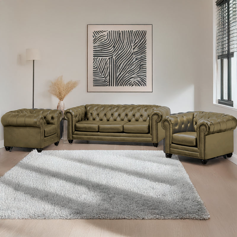 Maryport Leather Sofa & Two Armchair Set with Tufting and Nailhead Trim