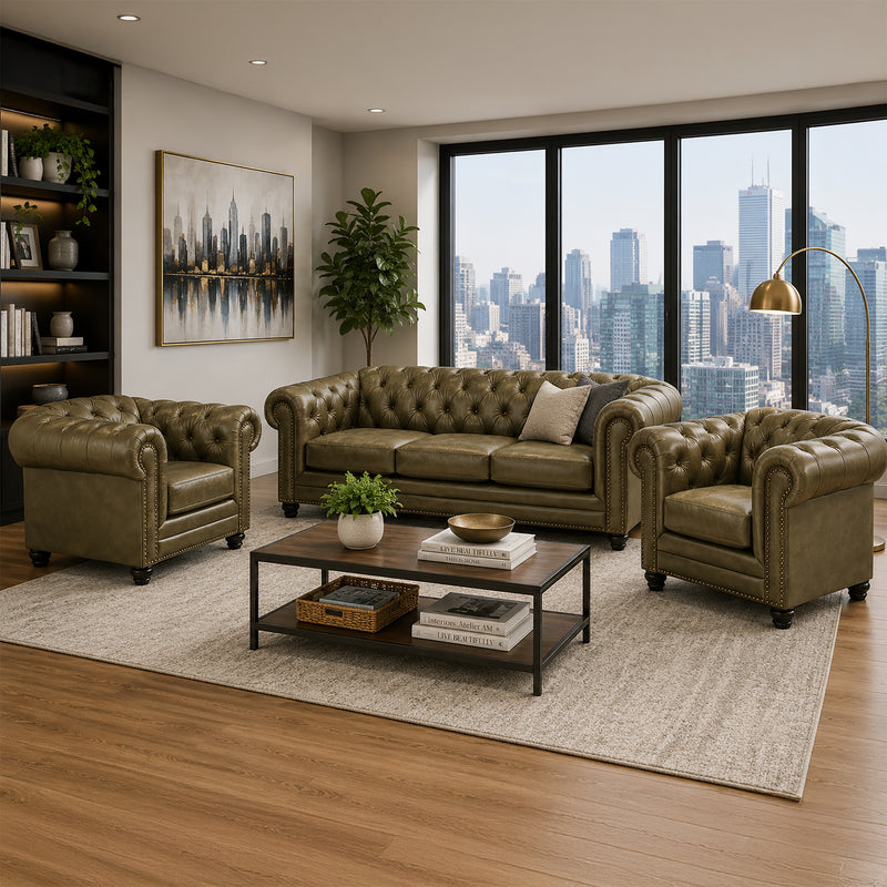 Maryport Leather Sofa & Two Armchair Set with Tufting and Nailhead Trim - Coja