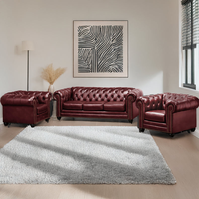 Maryport Leather Sofa & Two Armchair Set with Tufting and Nailhead Trim