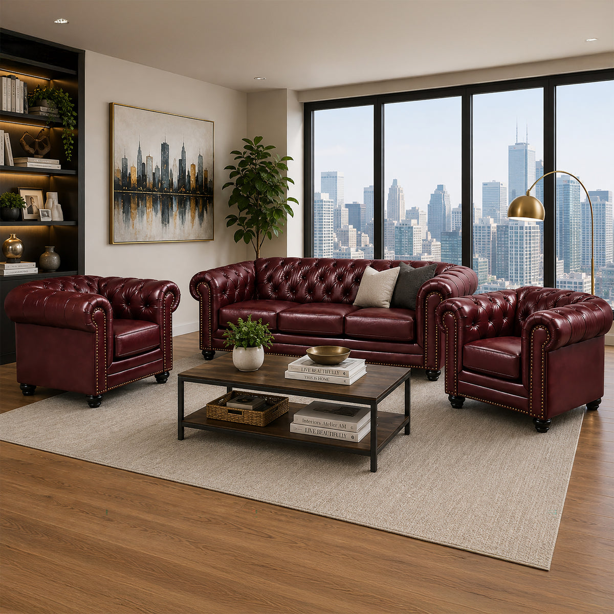 Maryport Leather Sofa & Two Armchair Set with Tufting and Nailhead Trim - Coja