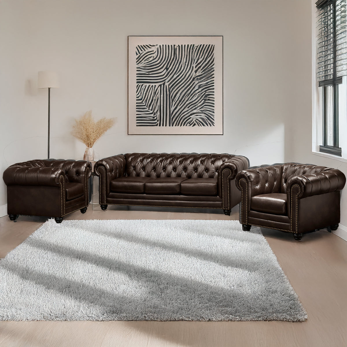 Maryport Leather Sofa &amp; Two Armchair Set with Tufting and Nailhead Trim