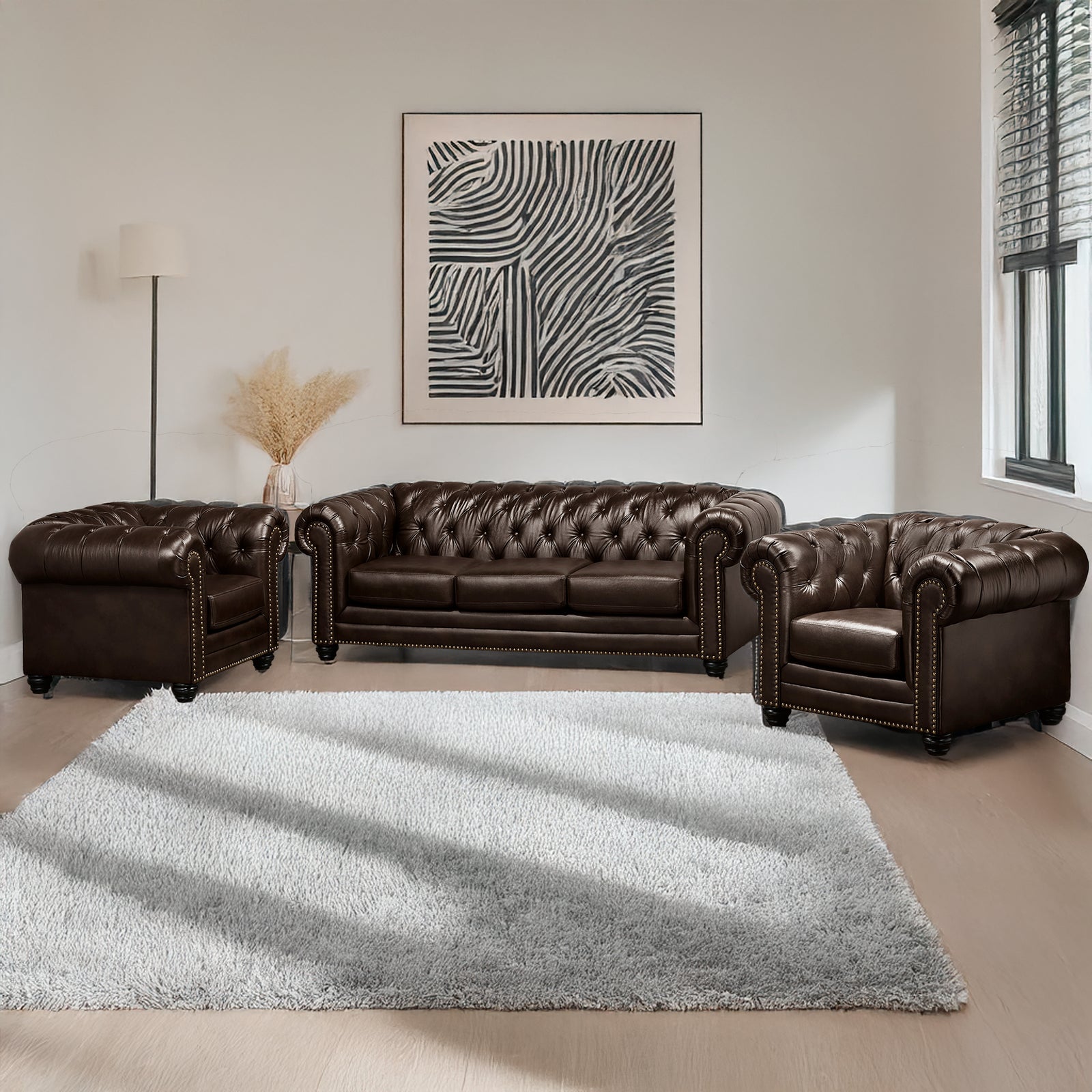 Maryport Leather Sofa & Two Armchair Set with Tufting and Nailhead Trim - Coja