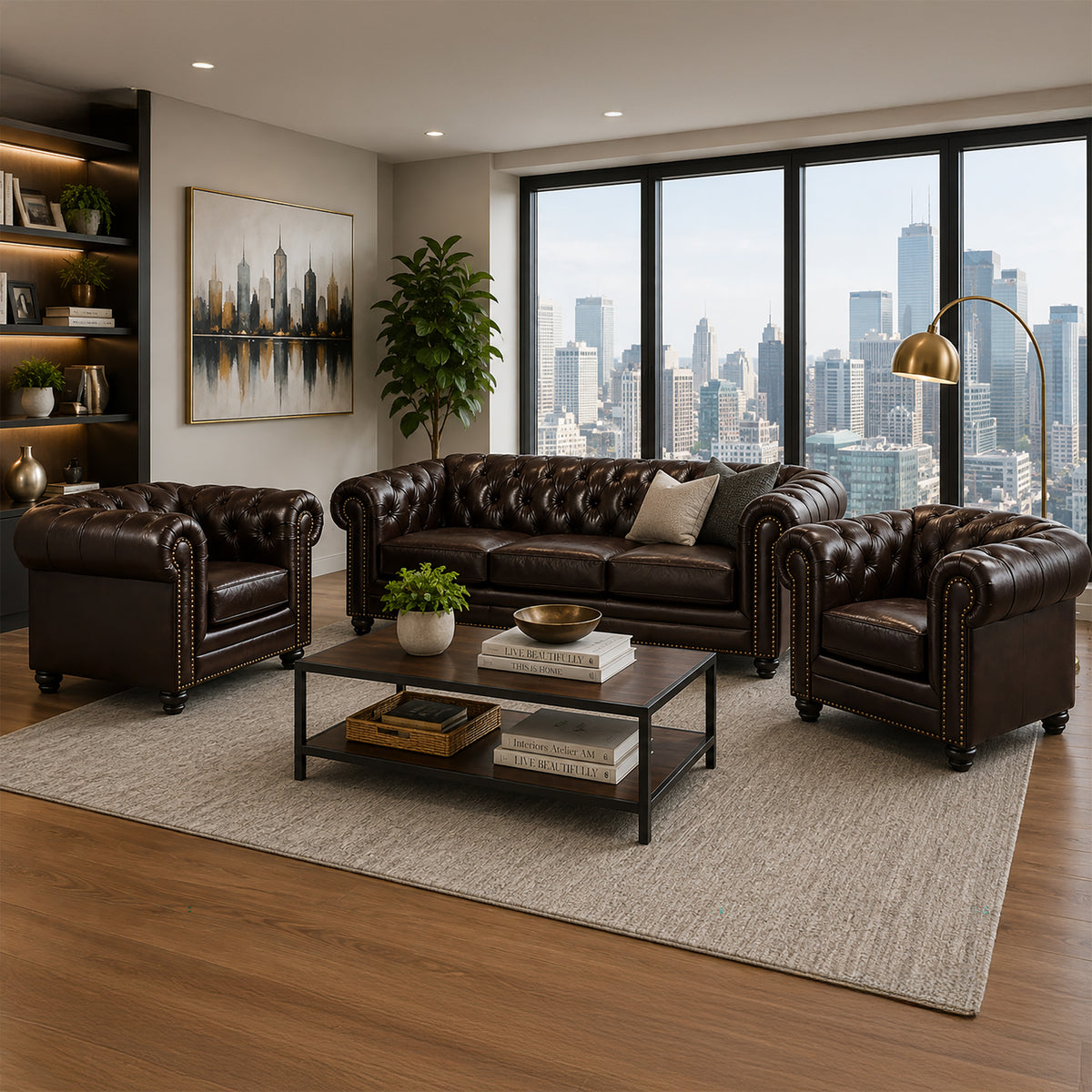 Maryport Leather Sofa & Two Armchair Set with Tufting and Nailhead Trim - Coja