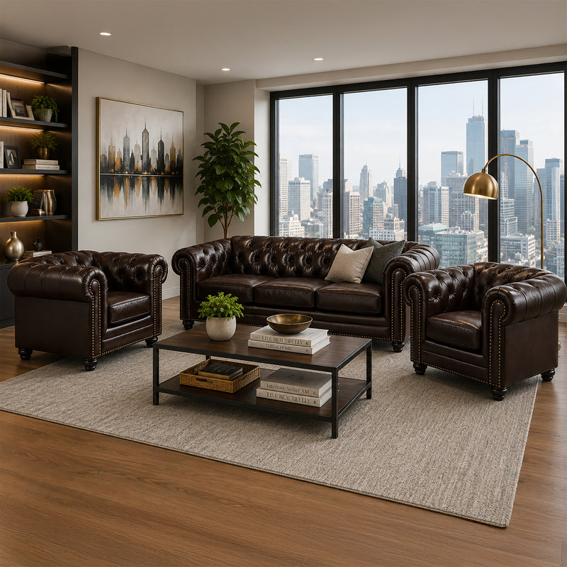 Maryport Leather Sofa & Two Armchair Set with Tufting and Nailhead Trim - Coja
