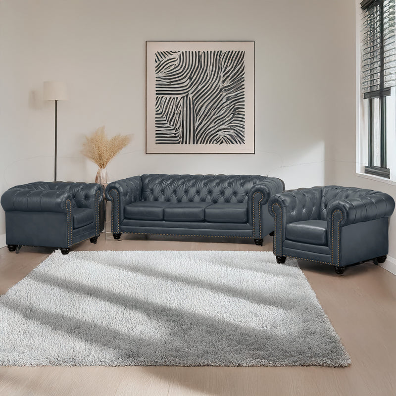 Maryport Leather Sofa & Two Armchair Set with Tufting and Nailhead Trim