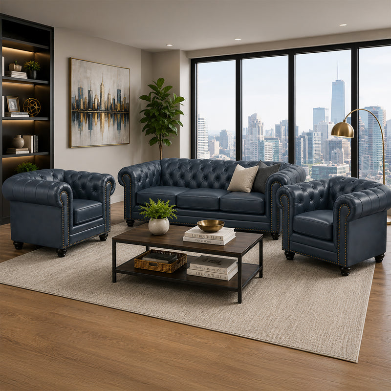 Maryport Leather Sofa & Two Armchair Set with Tufting and Nailhead Trim - Coja