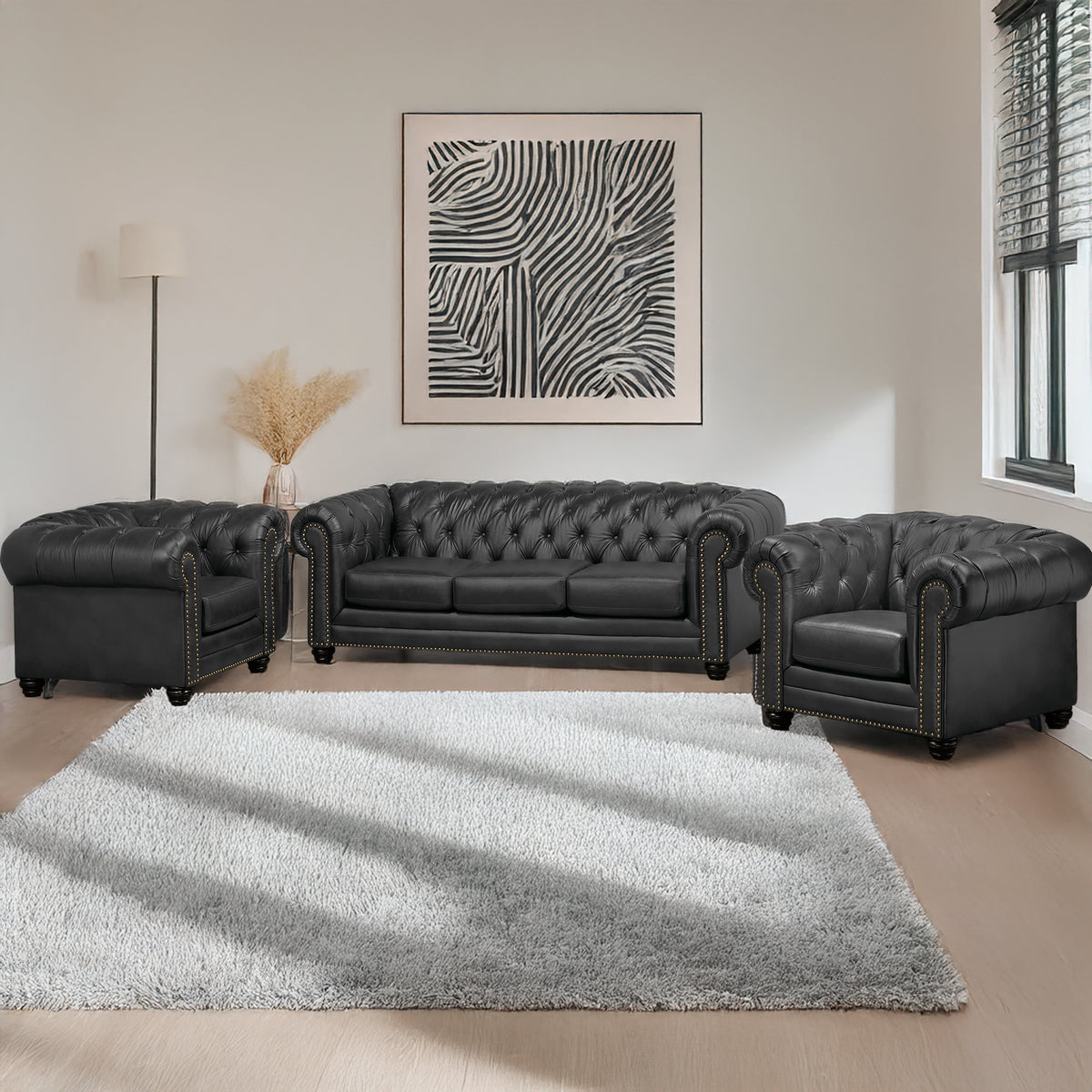 Maryport Leather Sofa &amp; Two Armchair Set with Tufting and Nailhead Trim