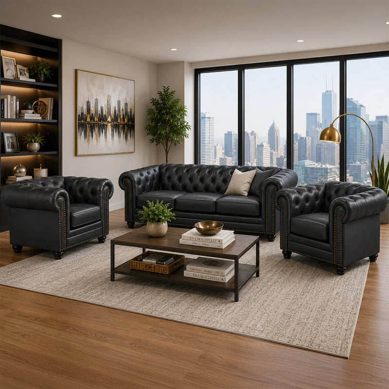 Maryport Leather Sofa & Two Armchair Set with Tufting and Nailhead Trim - Coja