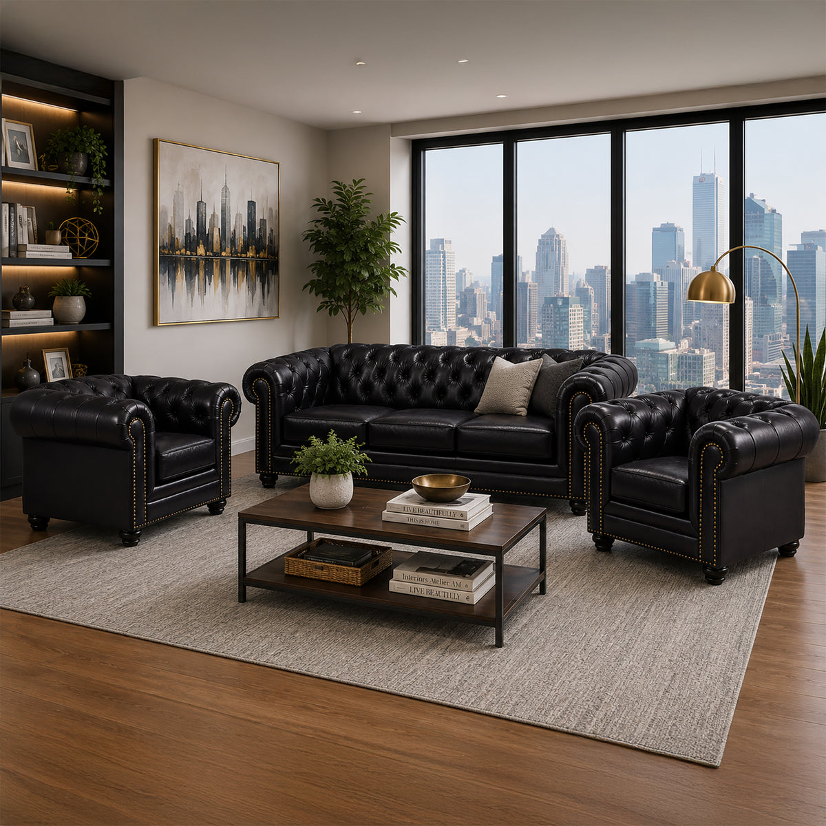 Maryport Leather Sofa & Two Armchair Set with Tufting and Nailhead Trim - Coja