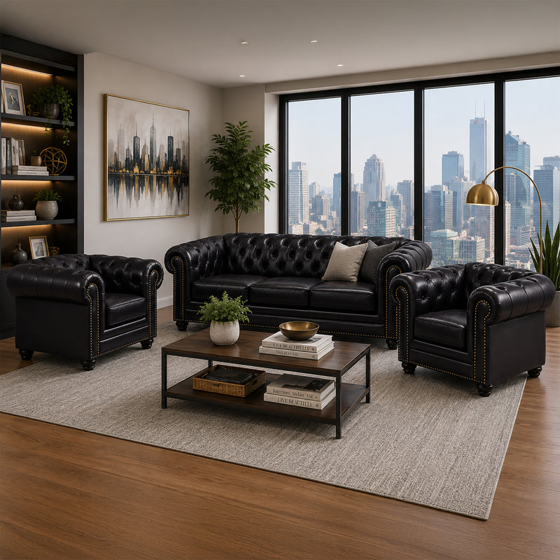 Maryport Leather Sofa & Two Armchair Set with Tufting and Nailhead Trim - Coja