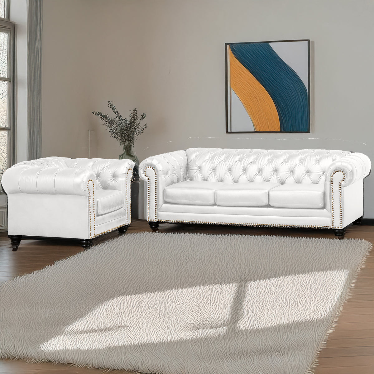 Maryport Leather Sofa &amp; Armchair Set with Tufting and Nailhead Trim