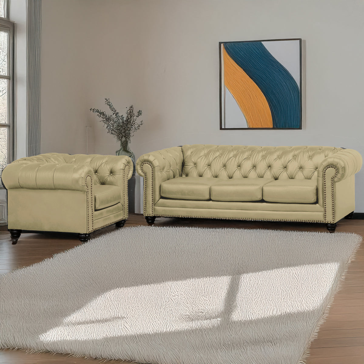 Maryport Leather Sofa &amp; Armchair Set with Tufting and Nailhead Trim
