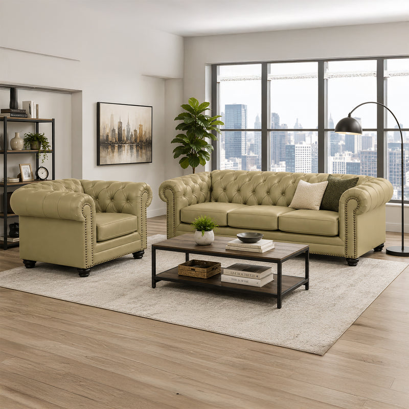 Maryport Leather Sofa & Armchair Set with Tufting and Nailhead Trim - Coja