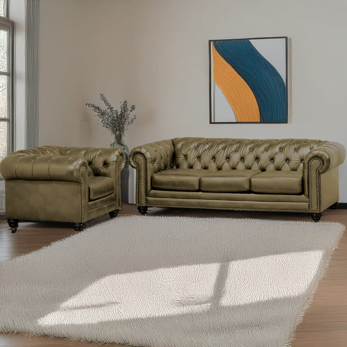 Maryport Leather Sofa &amp; Armchair Set with Tufting and Nailhead Trim