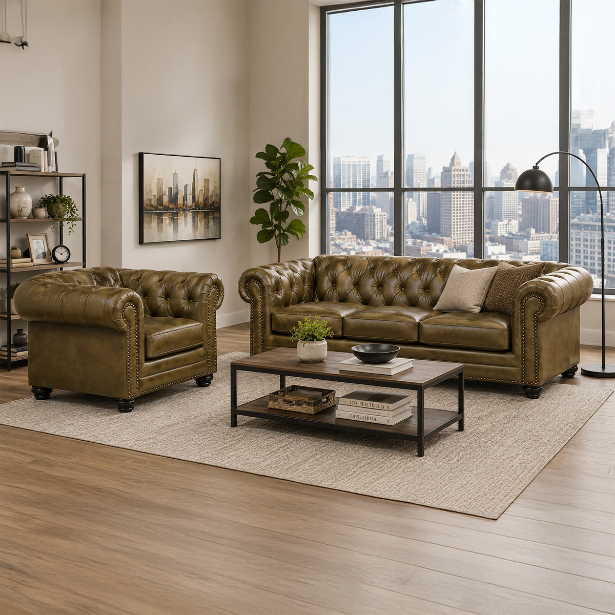 Maryport Leather Sofa & Armchair Set with Tufting and Nailhead Trim - Coja