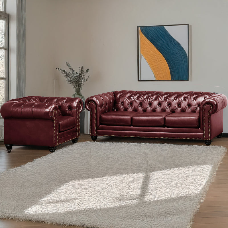 Maryport Leather Sofa & Armchair Set with Tufting and Nailhead Trim