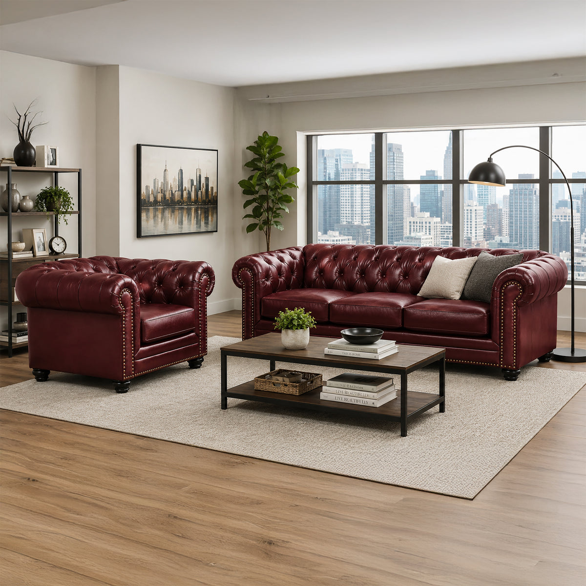 Maryport Leather Sofa & Armchair Set with Tufting and Nailhead Trim - Coja
