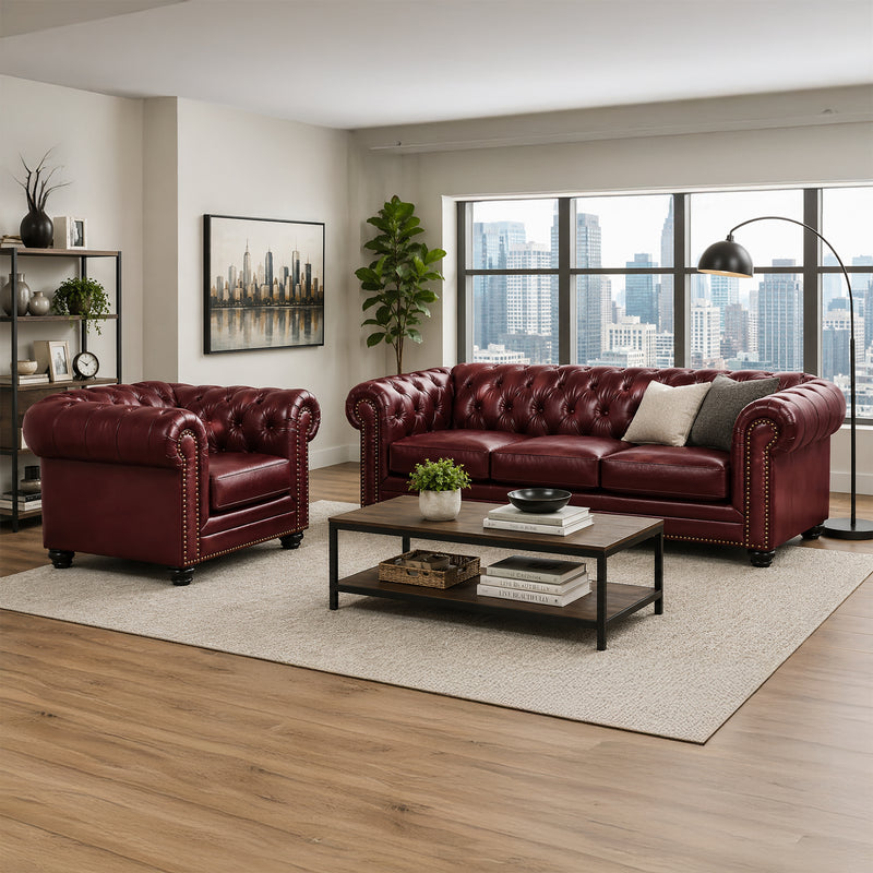 Maryport Leather Sofa & Armchair Set with Tufting and Nailhead Trim - Coja