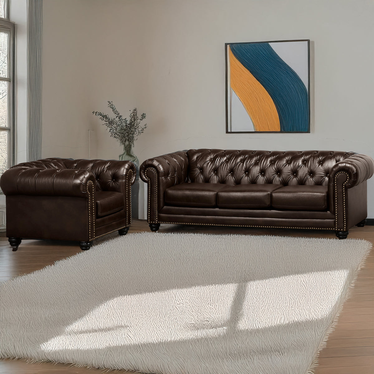 Maryport Leather Sofa &amp; Armchair Set with Tufting and Nailhead Trim