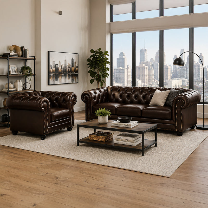 Maryport Leather Sofa & Armchair Set with Tufting and Nailhead Trim - Coja
