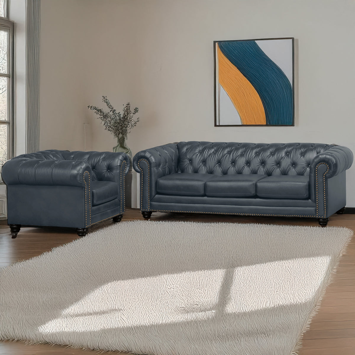 Maryport Leather Sofa &amp; Armchair Set with Tufting and Nailhead Trim