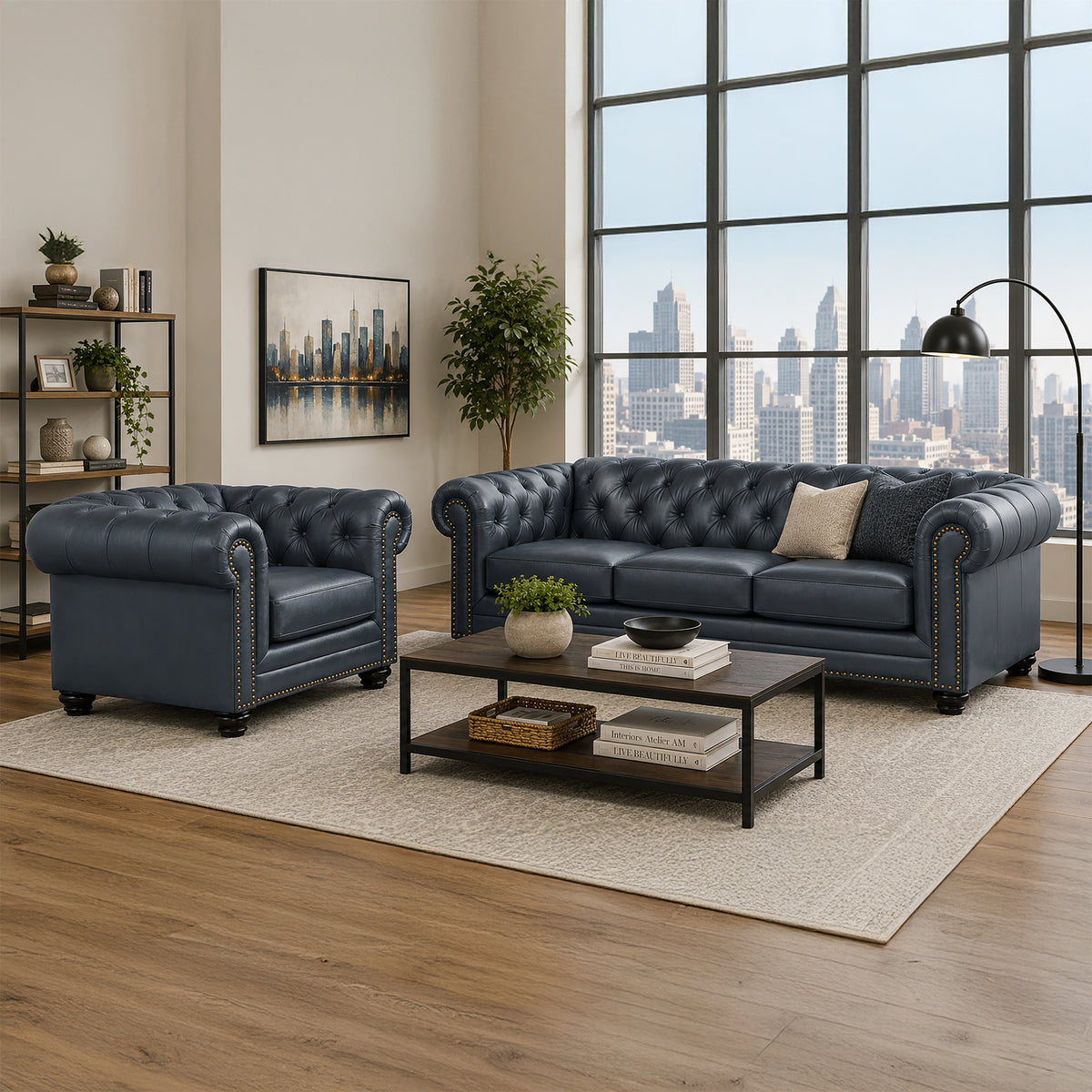 Maryport Leather Sofa & Armchair Set with Tufting and Nailhead Trim - Coja