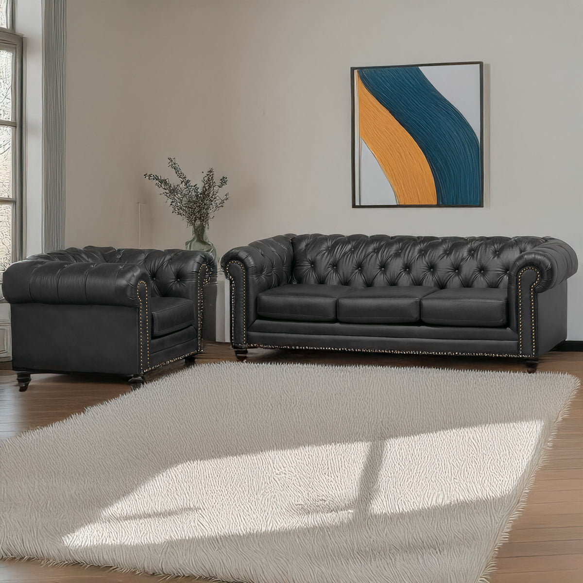 Maryport Leather Sofa &amp; Armchair Set with Tufting and Nailhead Trim