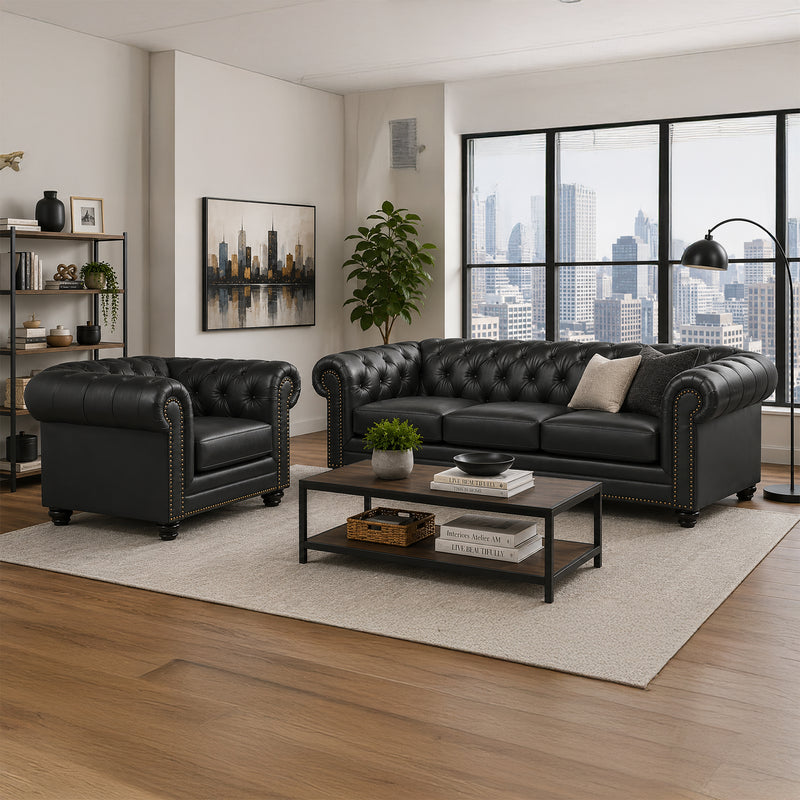 Maryport Leather Sofa & Armchair Set with Tufting and Nailhead Trim - Coja