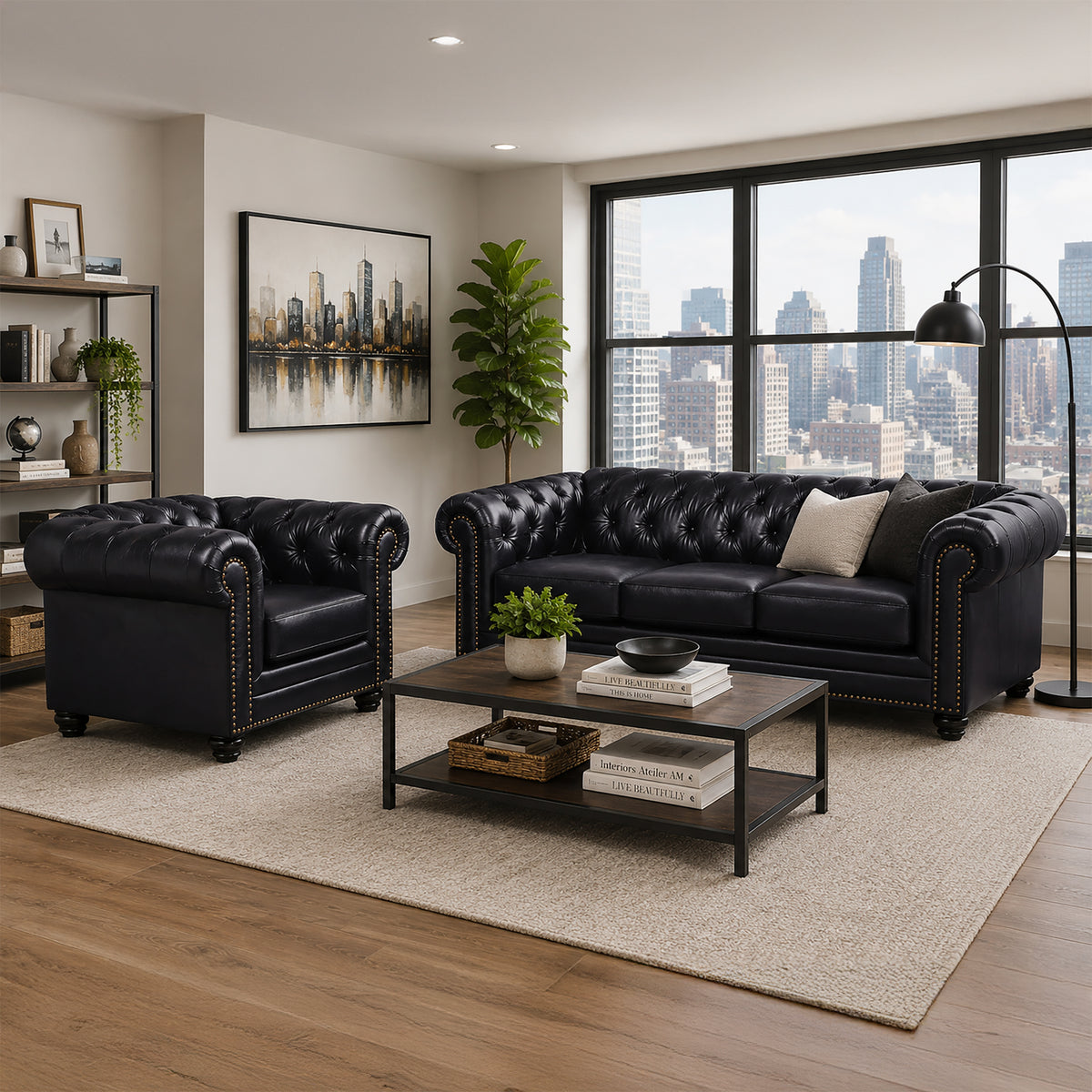 Maryport Leather Sofa & Armchair Set with Tufting and Nailhead Trim - Coja