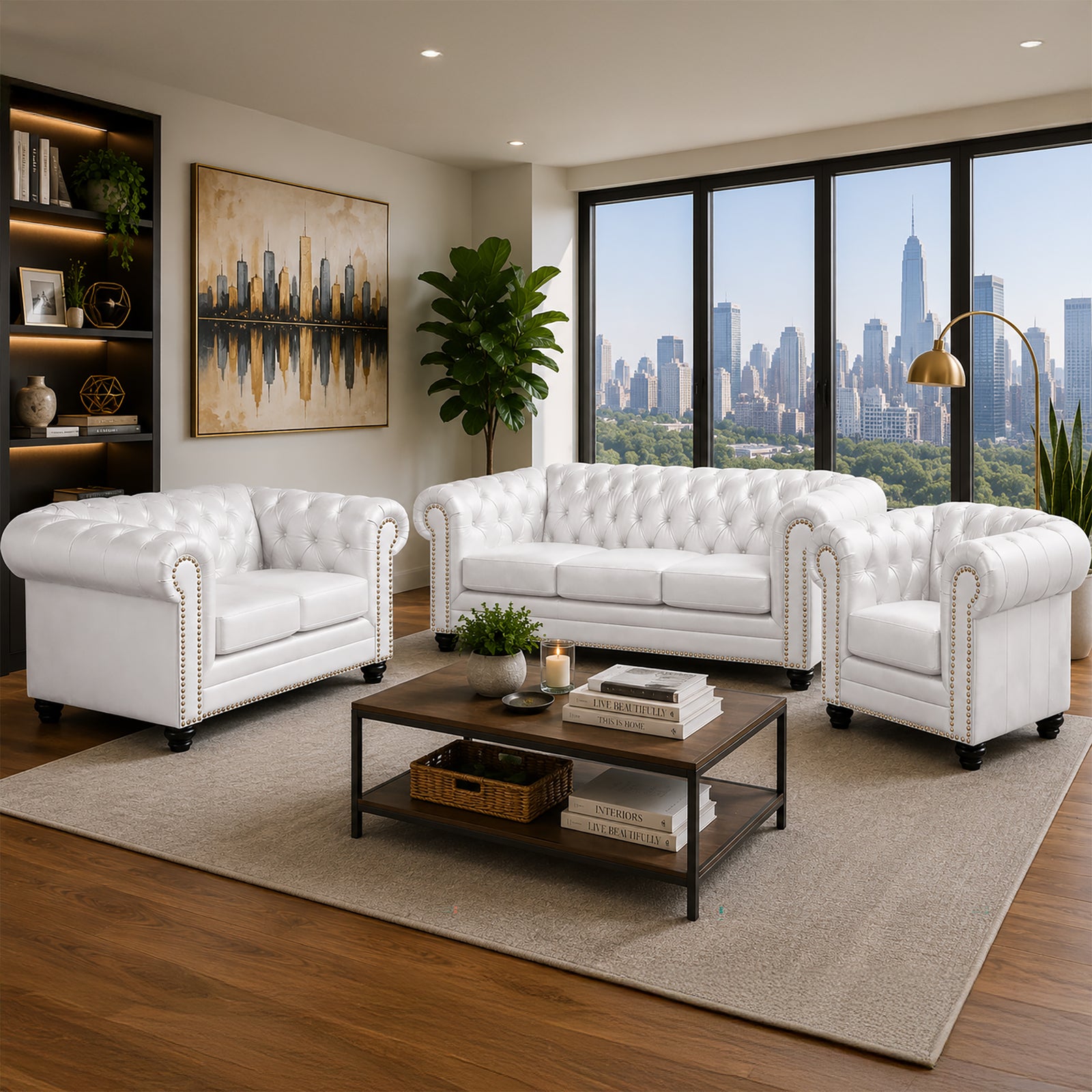 Maryport Leather Sofa, Loveseat & Chair Set with Tufting and Nailhead Trim