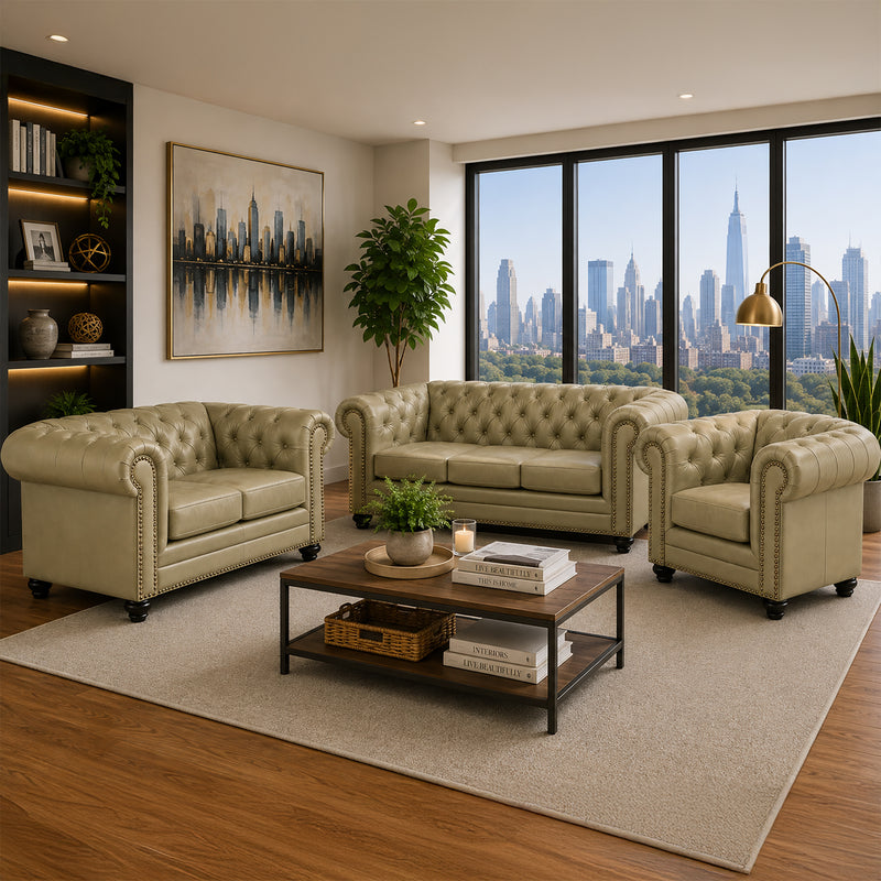 Maryport Leather Sofa, Loveseat & Chair Set with Tufting and Nailhead Trim - Coja
