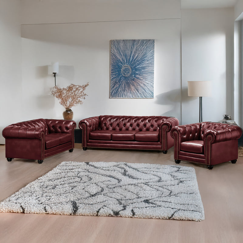 Maryport Leather Sofa, Loveseat & Chair Set with Tufting and Nailhead Trim