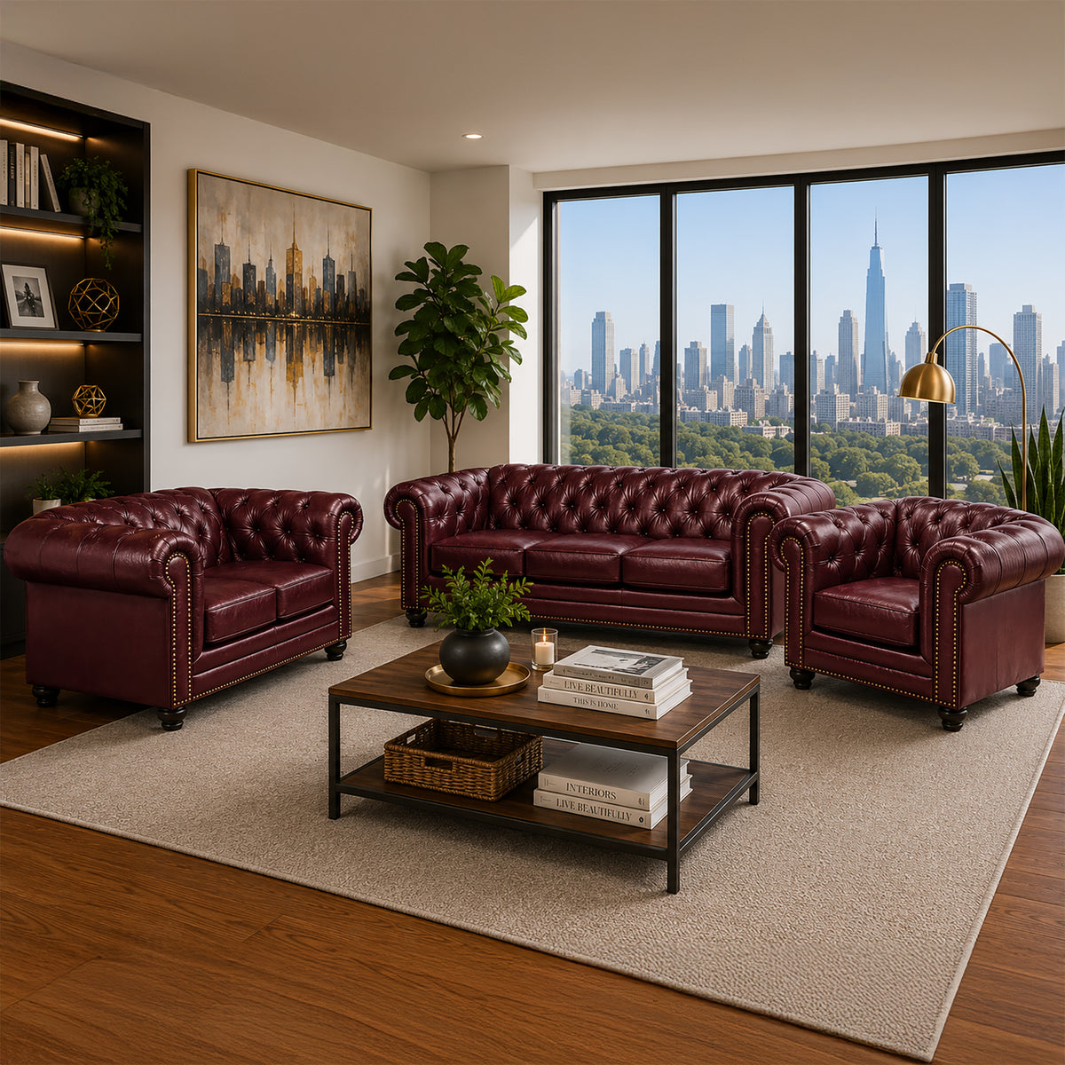 Maryport Leather Sofa, Loveseat & Chair Set with Tufting and Nailhead Trim - Coja