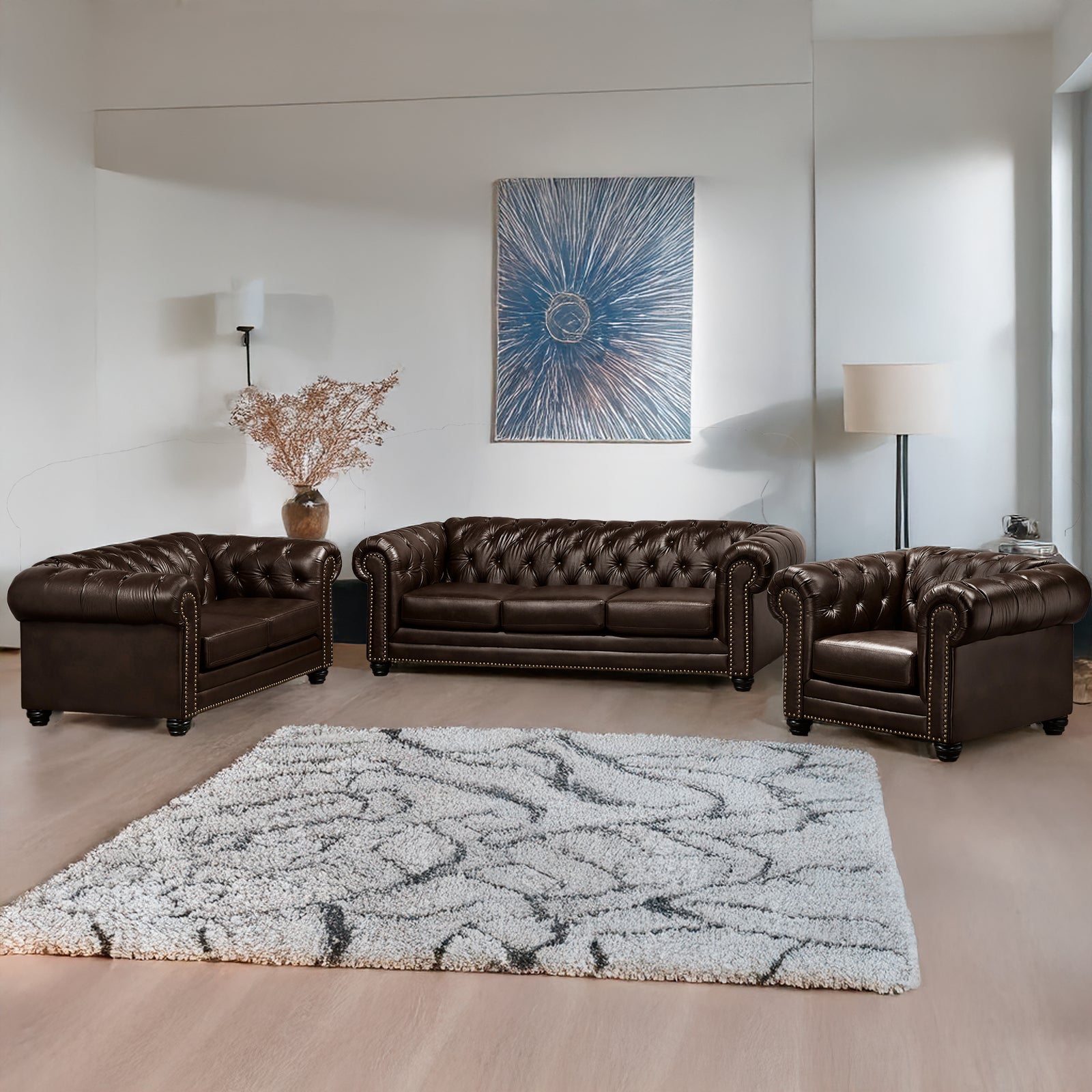 Maryport Leather Sofa, Loveseat & Chair Set with Tufting and Nailhead Trim - Coja