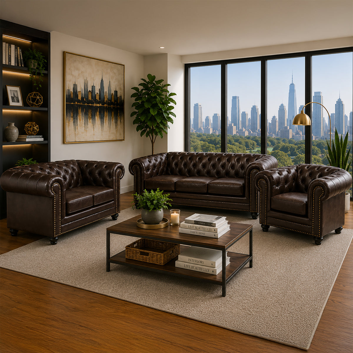 Maryport Leather Sofa, Loveseat & Chair Set with Tufting and Nailhead Trim - Coja