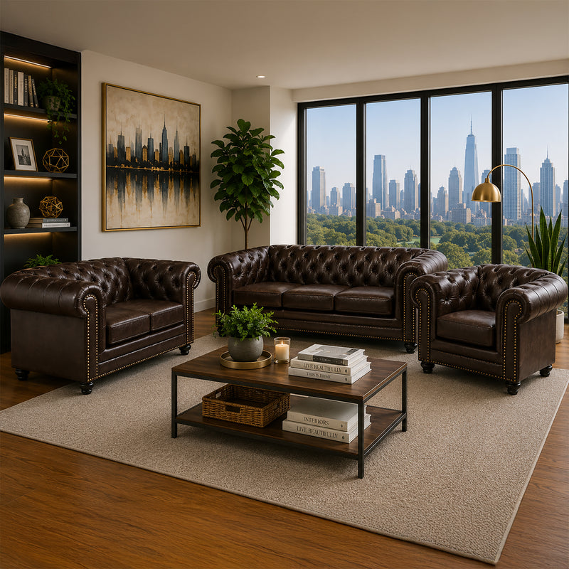 Maryport Leather Sofa, Loveseat & Chair Set with Tufting and Nailhead Trim - Coja