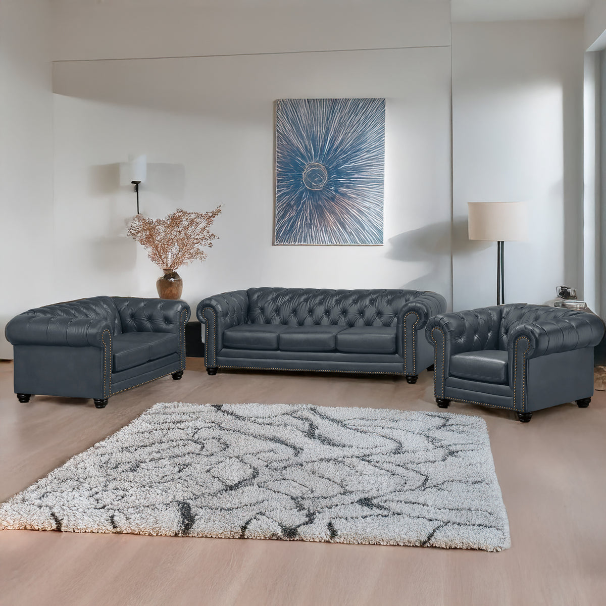 Maryport Leather Sofa, Loveseat &amp; Chair Set with Tufting and Nailhead Trim