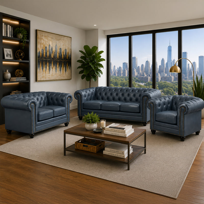 Maryport Leather Sofa, Loveseat & Chair Set with Tufting and Nailhead Trim - Coja