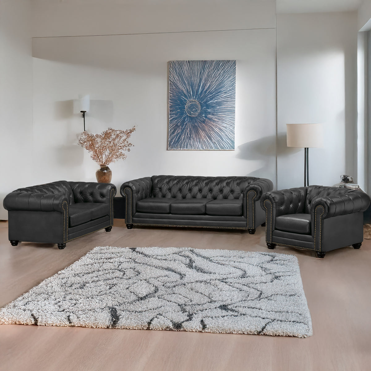 Maryport Leather Sofa, Loveseat &amp; Chair Set with Tufting and Nailhead Trim