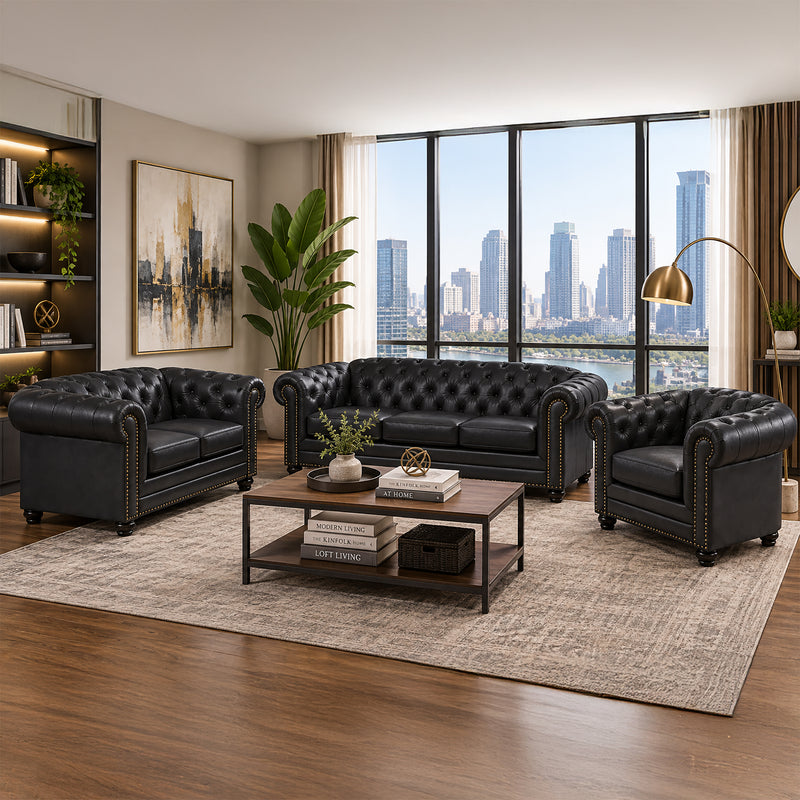 Maryport Leather Sofa, Loveseat & Chair Set with Tufting and Nailhead Trim - Coja