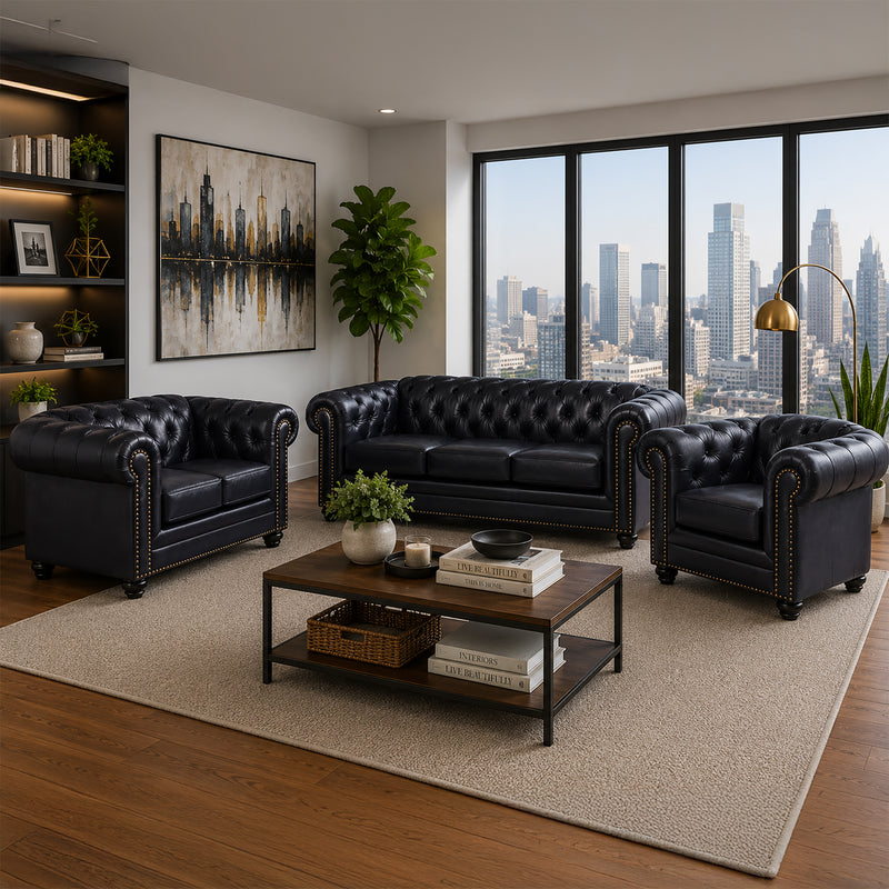 Maryport Leather Sofa, Loveseat & Chair Set with Tufting and Nailhead Trim - Coja