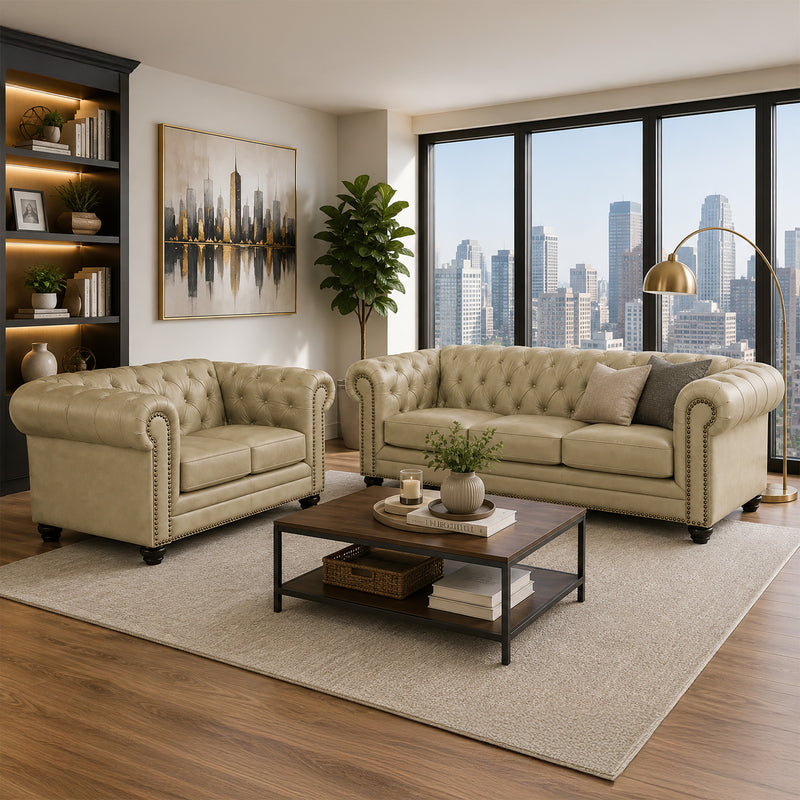 Maryport Leather Sofa & Loveseat Set with Tufting and Nailhead Trim - Coja